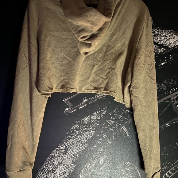 PINK VICTORIAS SECRET GREEN RUST SEQUINS GOLD SCRIPT SLEEVE CROP HOODIE LARGE - Picture 7 of 13